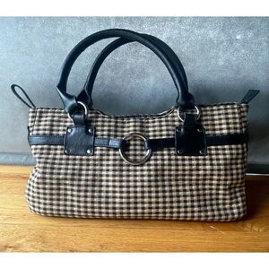 Longaberger Homestead Gingham Satchel Shoulder Bag Black Tan Zip Top Purse